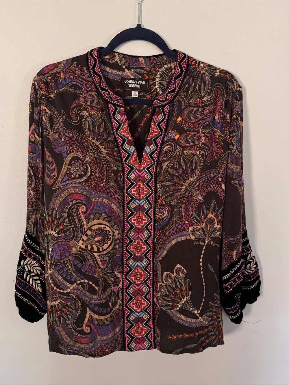 Johnny Was Workshop Embroidered Paisley Velvet Trim Blouse Top PM Petite Medium